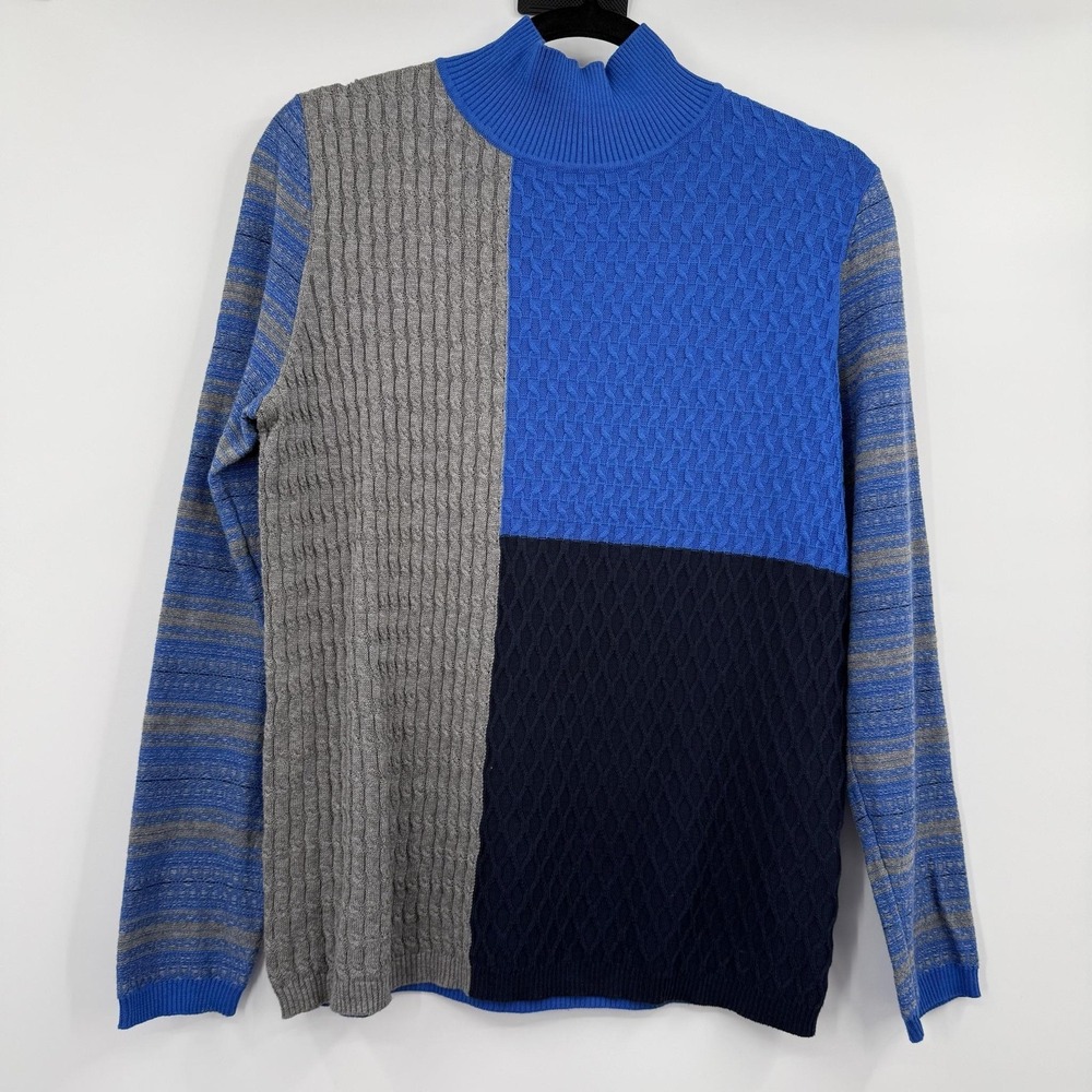 Edinburgh Knitwear Sweater Womens Medium Blue Cable-Knit Mock Neck Pullover